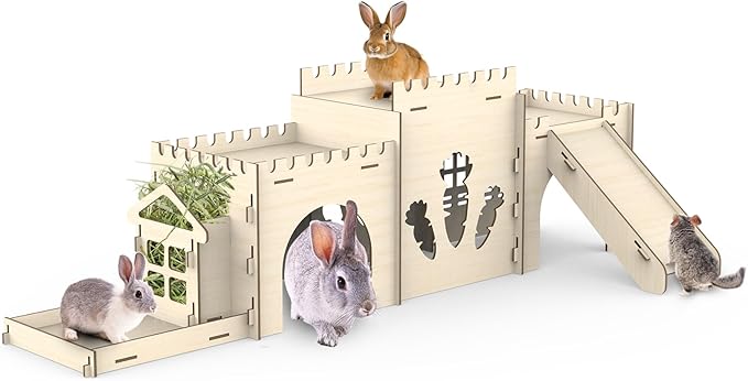 Large Bunny House and Hideouts, Wooden Dual-Layer Rabbit Castle with Stair, Rubber Band-Free Setup - Chew-Proof, Sturdy Habitat for Guinea Pig Chinchilla Ferret