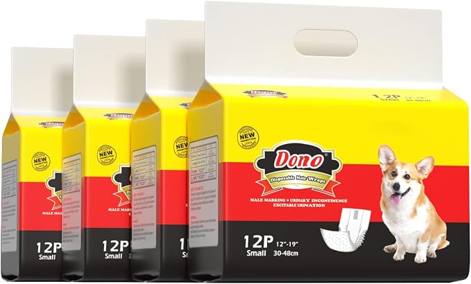 Dono Disposable Male Diapers for Small Dog, S, 12 Count | Wetness Indicator, Super Absorbent, Leak Protection, For Excitable Urination, Incontinence, or Male Marking