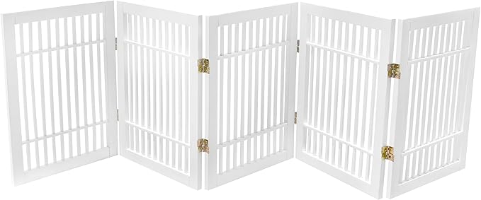 Urnporium Pet Dog Gate Freestanding, Strong Durable Folding Wooden Fence, Portable Acacia Hardwood Safety Barrier for Indoor & Outdoor Use (White Pet Gate, 5 Panel 24" Tall)