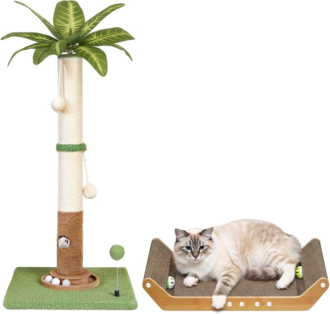 Cat Scratcher Pad & Scratching Post Set of 2, 23.8" Horizontal Cardboard Lounger with Ball Track, Green Palm Tree Vertical Sisal Post, Furniture Protection for Kittens & Large Indoor Cats