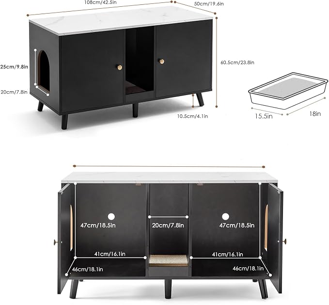 Litter Box Enclosure for Cats, Hidden Cat Litter Boxes Furniture with Cat Scratch Pad, Indoor Pet House with Double Room, Wooden TV Stand Side Table, Black