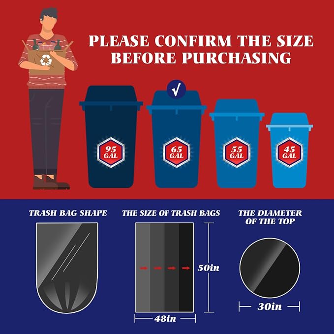 Teivio Black Large Trash Bags 64-65 Gallon 32 Count | Large Multipurpose | Fit 60,62,63,64,65 gallon Garbage Bin Liner | Kitchen | Lawn And Leaf Bags Outdoor Yard Waste Bag | Workshops Trash