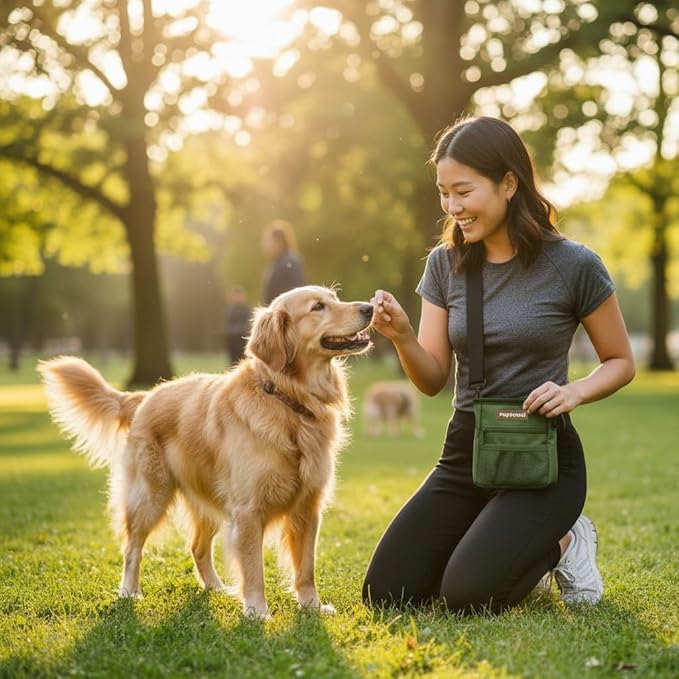 Hands Free Dog Walking Kit - Army Green Magnetic Treat Pouch and Tennis Ball Holder Bundle