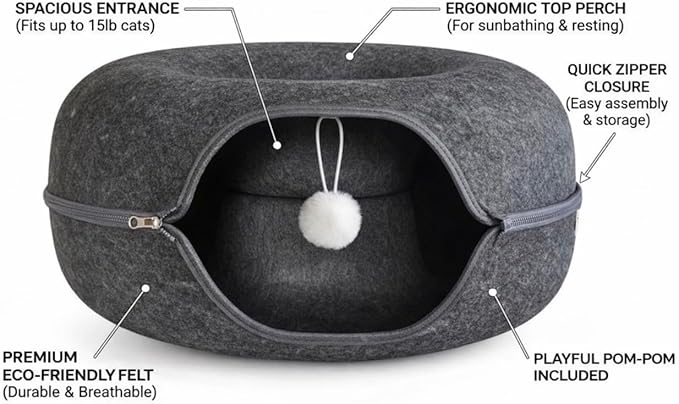 Cat Cave Tunnel Bed - Comfort Bedz Large Donut Cat House, Enclosed Felt Hideaway with Zipper, Top Perch, Interactive Toy, Washable for Indoor Cats up to 25lbs