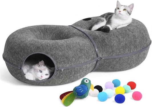 Extra Large 8-Shaped Cat Tunnel Bed 38 x 24 x 11 Inch for Indoor Cats – 2 in 1 Plush Cat Cave & Play Tunnel with Hanging Toy Balls & Bonus Bird Toy, Cozy Hideout for Multiple Cats (Dark Grey)