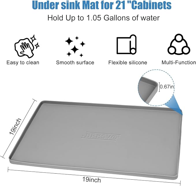 Under Sink Mat for Kitchen Waterproof, 19" x 19" Silicone Under Sink Liner Kitchen & Bathroom Cabinet Protector Mats, Heavy Duty Flexible Under Sink Drip Tray with Lip, Cool Grey
