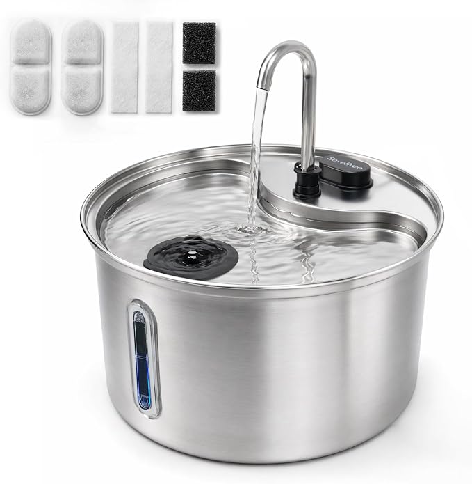 Cat Water Fountain, 118oz/3.5L Stainless Steel Cat Fountain with Ultra-Quiet Pump, LED Water Level Window, Automatic Cat Water Dispenser, 6-Layer Filtration Includes 2 Replacement Filters