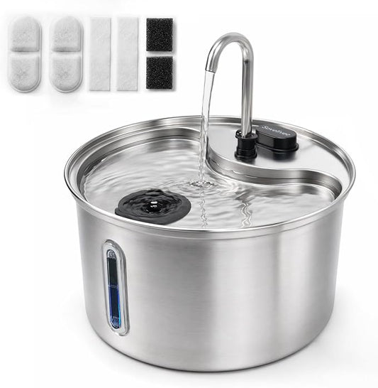 Cat Water Fountain, 118oz/3.5L Stainless Steel Cat Fountain with Ultra-Quiet Pump, LED Water Level Window, Automatic Cat Water Dispenser, 6-Layer Filtration Includes 2 Replacement Filters