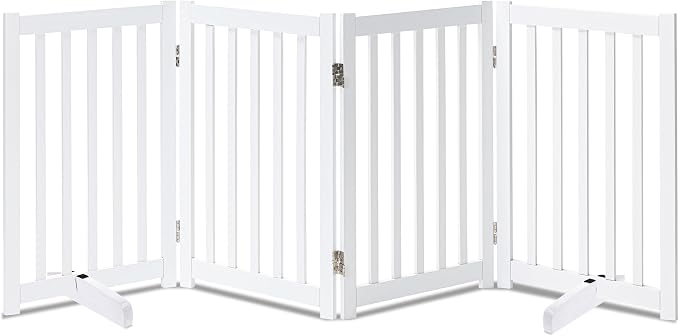 LZRS Freestanding Extra Wide Dog Gate 30 inch Tall - 4 Panels Solid Wooden Pet Gate for Doorways, Stairs, Hallways,Kitchens& Long Areas, Expandable & Foldable with Support Feet,Indoor Use,White