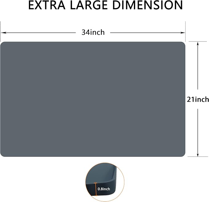 Finorder 34"x 21" 100% Silicone Pet Feeding Mat, Higher Raised Edges and Slip Resistant Pet Food and Water Bowl Mat, Waterproof Pet Food Placemat Silicone Tray, Dishwasher Safe (Grey)