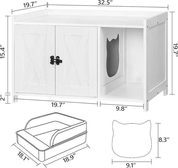 MAHANCRIS Cat Litter Box Enclosure, Hidden Litter Box Furniture with Divider, Indoor Cat House, Wooden Cat Washroom Storage Cabinet Bench, Side End Table Nightstand, White CWWT2501