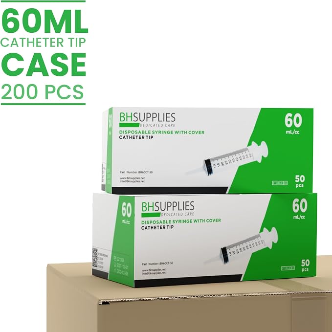 Bulk Case - BH Supplies 60mL Sterile Catheter Tip Syringes with covers, no needles - Individually Wrapped (300 Syringes, 6 Boxes, 50 Units Each)