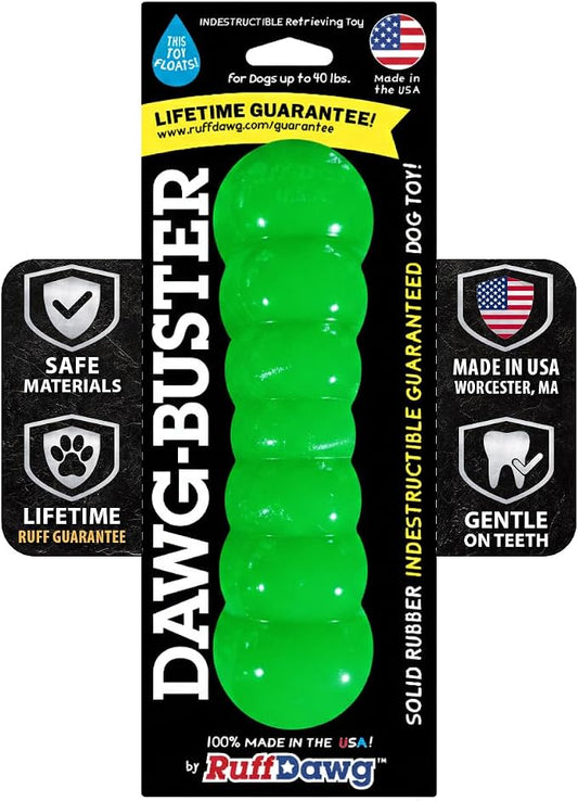 Ruff Dawg Indestructible Dawg-Buster Medium Green – Heavy-Duty Solid Rubber Dog Chew Stick for Dogs Under 40 lbs – Floats & Bounces – Made in USA