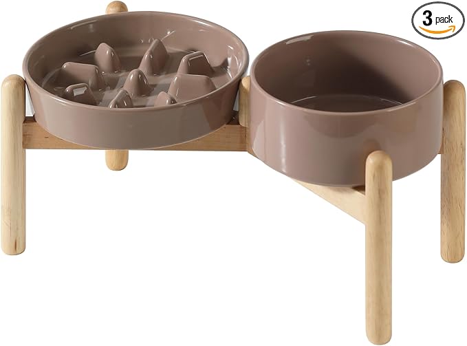 Havniva 7.3” Raised Slow Feeder Dog Bowls Set, 1.2 Cups Ceramic Slow Feeder Dog Bowl and 6.1” Dog Water Bowl with Elevated Wooden Stand Puzzle Dog Food Bowl for Small Dogs Anti-Gulping & Anti-Choking