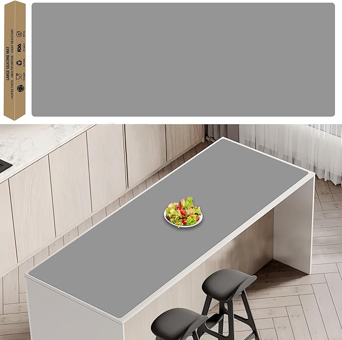 78.7''x23.6''(200cmx60cm) Extra Large Silicone Mat for Kitchen Counter, Heat Resistant Non-Slip Kitchen Island Protector Mat, Silicone Placemat for Countertop Protector, Light Gray