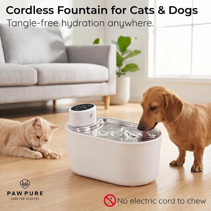 Cat Water Fountain Stainless Steel & Dog Water Fountain, Wireless 30-Day Battery, 20dB Ultra-Quiet Cordless Pet Fountain for Cats & Small/Medium Dogs, 3L/108oz