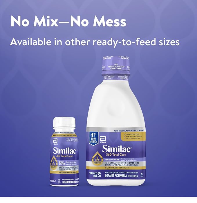 Similac 360 Total Care Gentle Comfort Baby Formula, Easy-to-Digest Formula, Has 5 HMO Prebiotics, Ready-to-Feed Infant Formula, 2-fl-oz Bottle, Pack of 8