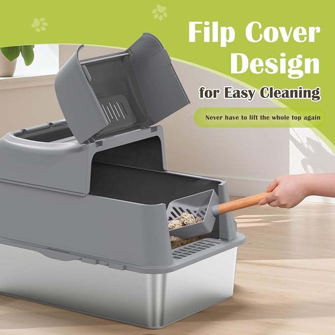 Rywell Stainless Steel Litter Box with Lid XL,120° Flip Cover Stainless Steel Litter Box with Litter Scoop and Litter Mat, Odor Control,Anti-Leakage, Non-Stick, Easy to Clean