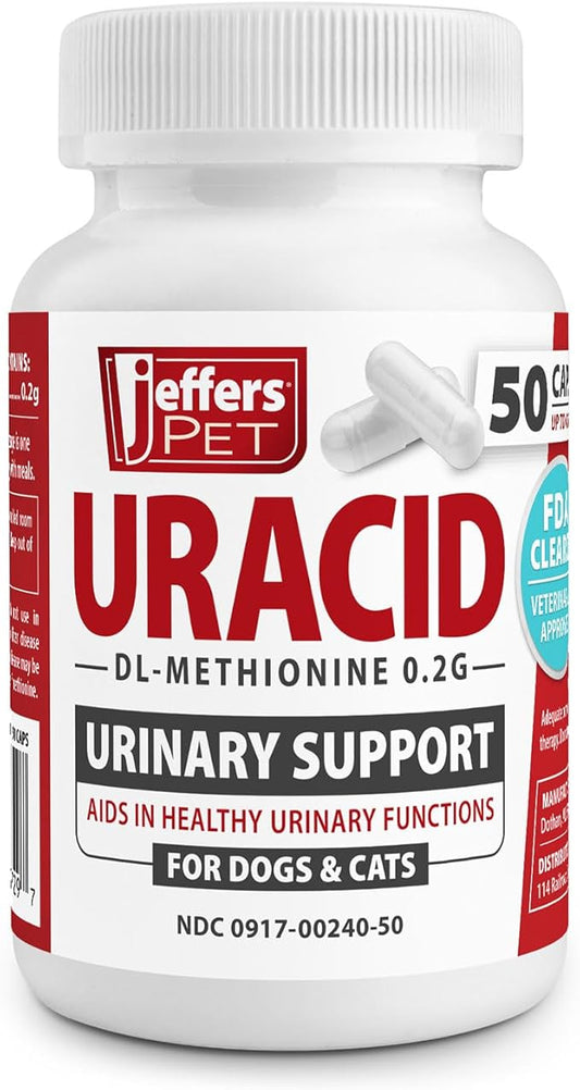 Jeffers Pet Uracid DL-Methionine Capsules for Dogs & Cats, Urinary pH Acidifier for Crystals, Bladder Stones, Urinary Tract Support, Fast Acting Urinary Health Supplement, Made in USA - 50 Capsule