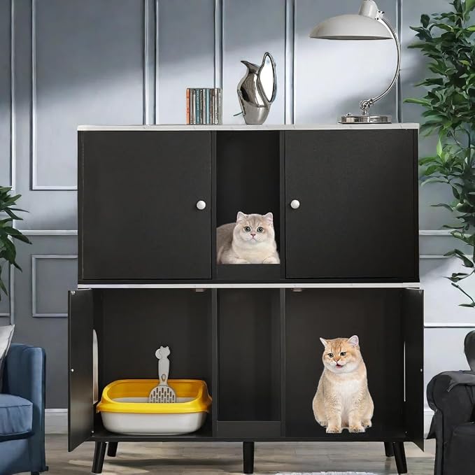 Litter Box Enclosure for Cats, Hidden Cat Litter Boxes Furniture with Cat Scratch Pad, Indoor Pet House with Double Room, Wooden TV Stand Side Table, Black