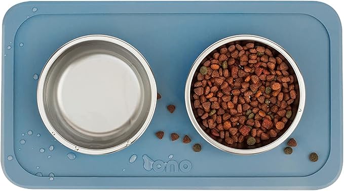 Ono Good Bowl Food & Water Double Feeder - Small to Medium Pets No Spill Non Skid Silicone Mat & Stainless Steel Bowls for Dogs or Cats (Azul)