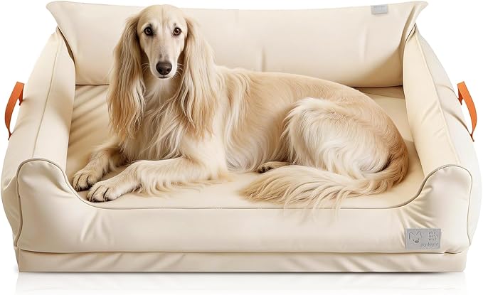 Removable Orthopedic Dog Beds for Large Dogs, Leather Memory Foam Dog Sofa Bed, Waterproof Durable Dogs Bed Couch with Non Skid Bottom for All Pet Sizes (Beige, Large)