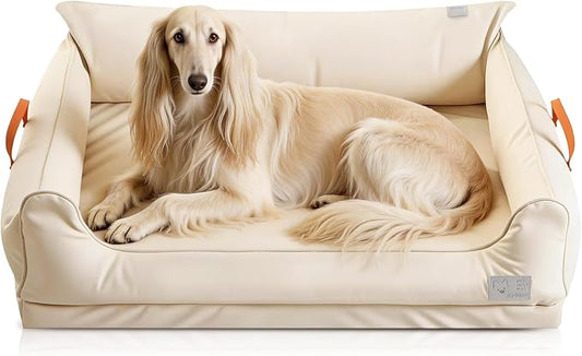 Removable Orthopedic Dog Beds for Large Dogs, Leather Memory Foam Dog Sofa Bed, Waterproof Durable Dogs Bed Couch with Non Skid Bottom for All Pet Sizes (Beige, X-Large)