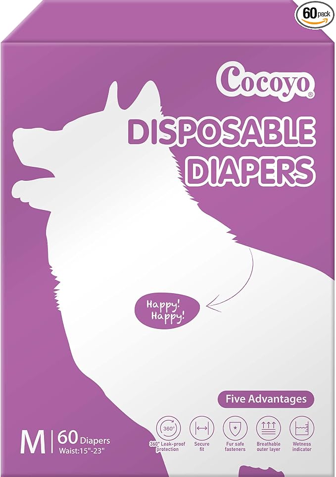 COCOYO Disposable Female Dog Diapers Medium Size, 60 Count, Super Absorbent, Breathable, Wetness Indicator