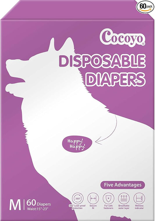 COCOYO Disposable Female Dog Diapers Medium Size, 60 Count, Super Absorbent, Breathable, Wetness Indicator
