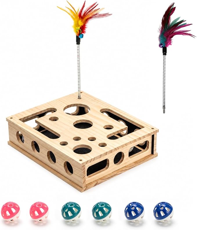 Cat Toys for Indoor Cats - Interactive Box Puzzle Toy Nail File Scratcher Cat Play Toy with 6 Jingle Balls & 2 Feather Wands, Wooden Puzzle Treat Toy Box Energize Cat Instincts for Bored Cats