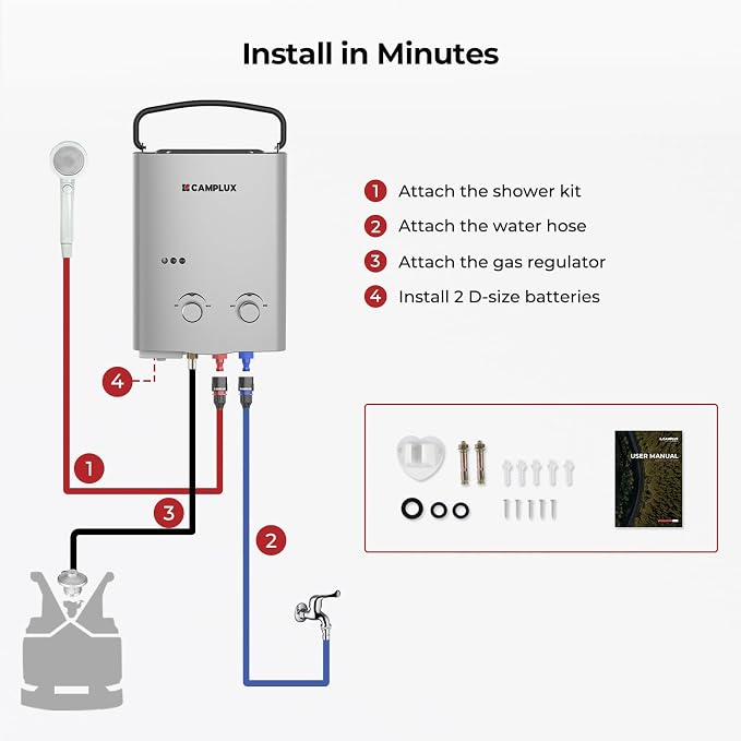 CAMPLUX Portable Tankless Water Heater, 1.32 GPM 5L Propane Water Heater for Camping, RV & Off-Grid, Instant Outdoor Hot Water Shower System with Gas Regulator, Battery Powered, AY132G, Gray