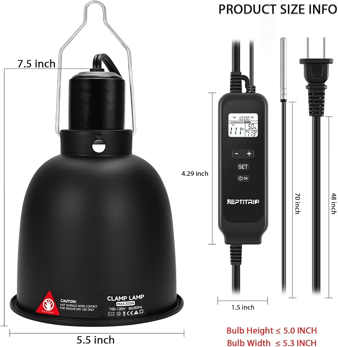 REPTITRIP 5.5" Reptile Heat Lamp Fixture with PID Dimming Thermostat, Independent Day Night Temperature Control, MAX 100W (Bulb Not Included)