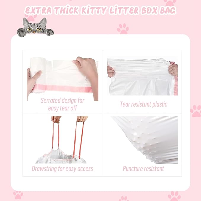 50 Counts Cat Litter Box Liners, 38" x 17" Drawstring Bags for Kitty Litter Pan Receptacles, One Step Cleaning, Heavy Duty, Extra Thick & Tear Resistant (Large Size / 50 Counts)