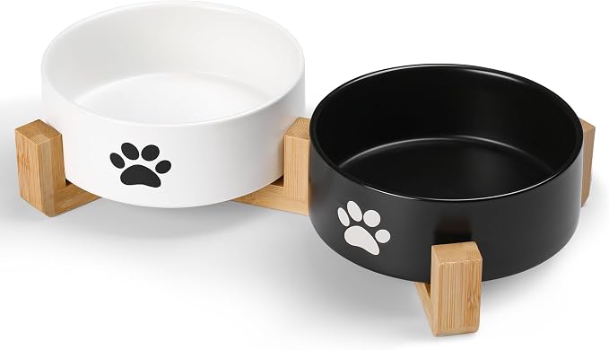 Dog Bowls, Non Slip Heavy Ceramic Dog Food and Water Bowl, Pet Feeding Bowl for Cats, Puppies and Small Dogs (2 Bowls+ 1 Stand-Black and White, 5.1 Inches)