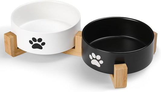 Dog Bowls, Non Slip Heavy Ceramic Dog Food and Water Bowl, Pet Feeding Bowl for Cats, Puppies and Small Dogs (2 Bowls+ 1 Stand-Black and White, 5.1 Inches)
