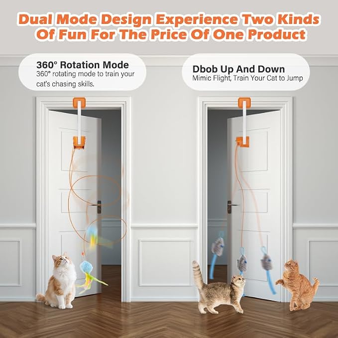Rechargeable Electric Cat Teaser – Interactive Door Clip Teaser for Cats, 2 Motion Modes (360° Spin & Irregular Jumping), Smart Auto Cat Toy for Exercise & Fun (Orange)