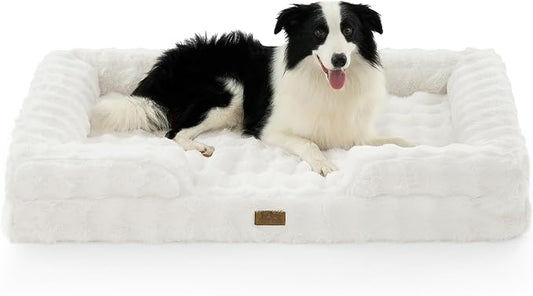 COZY KISS Orthopedic Dog Bed for Extra Large Dog, Soft and Warm Faux Fur Sofa for Giant Pet Up to 150 lbs, Foam Bolster Anti-Slip Couch with Washable Removable Cover, XXL 48x35x8 inch, Beige