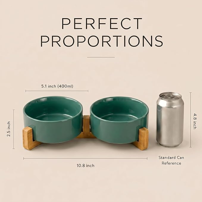 SPUNKYJUNKY Ceramic Dog and Cat Bowl Set with Wooden Stand, Modern Cute Weighted Food Water Set for Small Size Dogs (13.5OZ) & Medium Sized Dogs (28.7OZ) & Cats (1.7 Cups, 2 × Light Green)