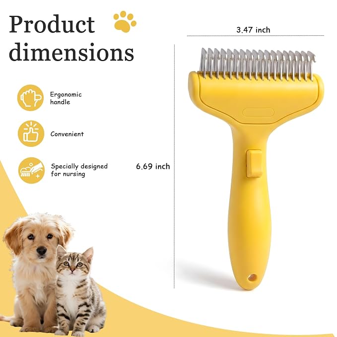 Dog Brush and Cat Deshedding Rake, Pet Grooming Tool for Shedding with Rounded Stainless Steel Teeth, Comfortable Grip for Long or Thick Coats (Style 2 Yellow)