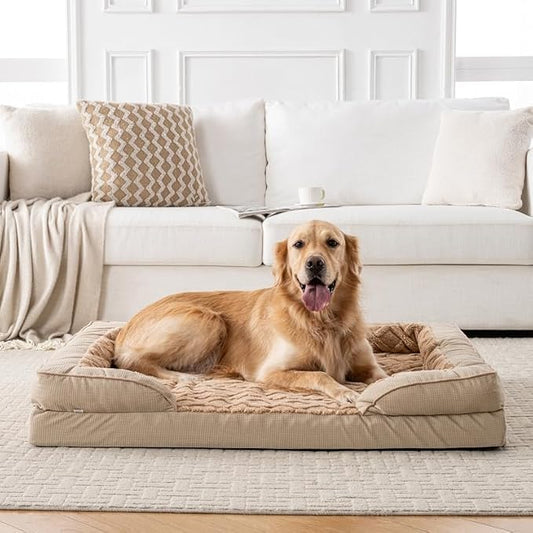 Dog Bed, Waterproof C-Shaped Pet Sofa with Removable Washable Cover, Non-Slip Bottom, Brown Quilted Comfort Couch for Large Dogs and Cats 48" L x 35" W x 6.5H