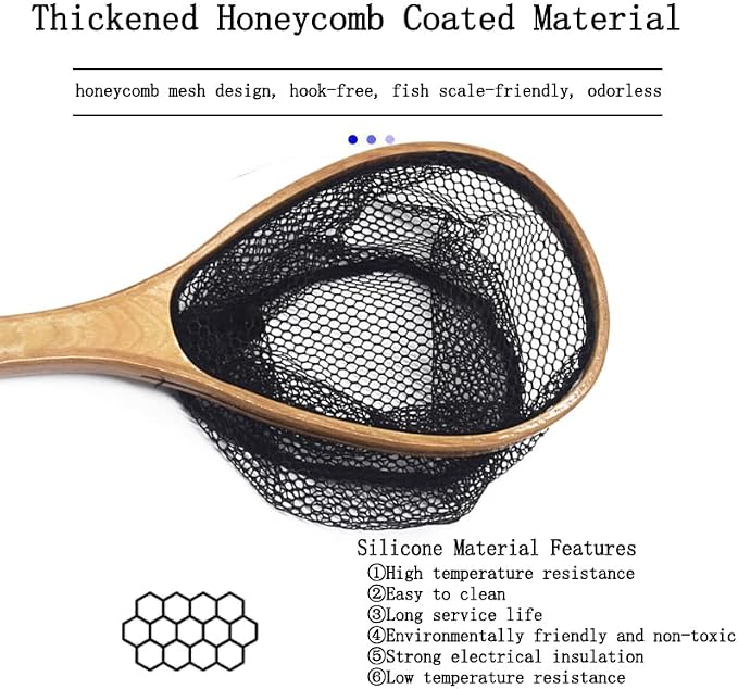 Small Wooden Frame Fly Fishing Landing Net With Soft Rubber Mesh for Trout Bass Catch and Release - Fishing Gear