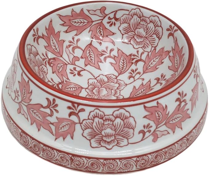 Aimusego Pink & White Ceramic Dog Bowl,Chinoiserie Floral Heavy Duty Non-Slip Dog Food Water Bowls, Ceramic Dish for Medium and Small Dogs and Cats, for Pet Owners,Puppy 9inch