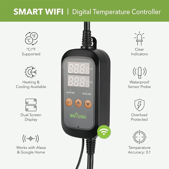 BN-LINK Smart WiFi Digital Temperature Controller Heating Cooling, Works with Alexa and Google Home. For Reptiles Aquarium Carboy Homebrew Breeding Fermenter Seed Germination °C/°F -40-176°F 15A/1875W
