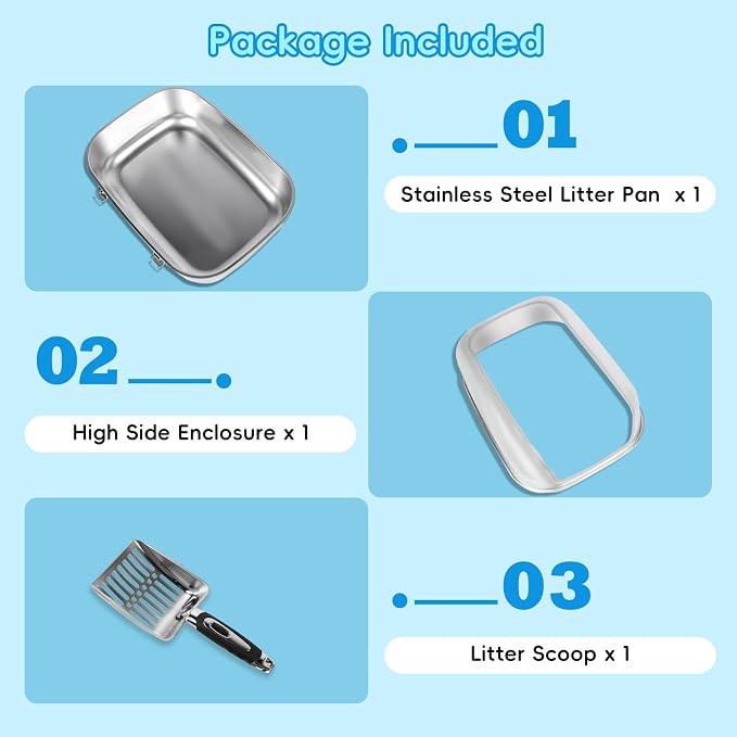 Stainless Steel Cat Litter Box, 23.6" L x 15.7" W x 11.8" H Extra Large Semi Enclosed Removable Metal Litter Tray with High Sided Enclosure, Scoop, Non-Sticky, Easy Cleaning