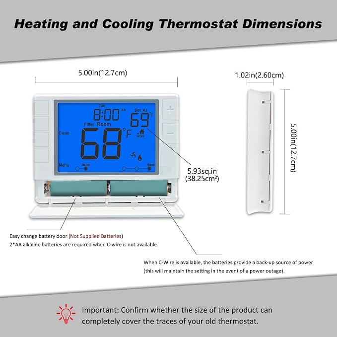 Thermostat for Home, Premium Heat Pump Room Temperature Controller, up to 2H/1C, Easy-to-Read Large Display，Blue Backlight