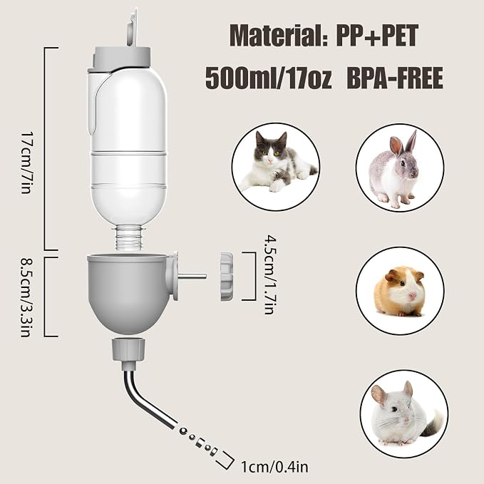 Automatic Pet Food Water Dispenser, Auto Gravity Pet Feeder Water Bottle Set for Crate Cage for Puppy Cat Rabbit Guinea Pigs Chinchilla Ferret Hedgehog (Grey)