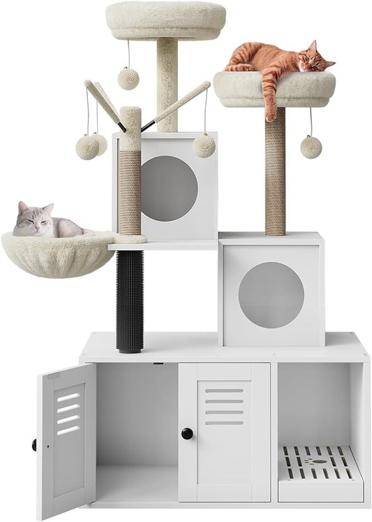 GAOMON Litter Box Enclosure with Cat Tree Tower 2-in-1 Modern Hidden Pet Washroom Furniture with Condo Hammock Scratching Posts and Multiple Soft Perches