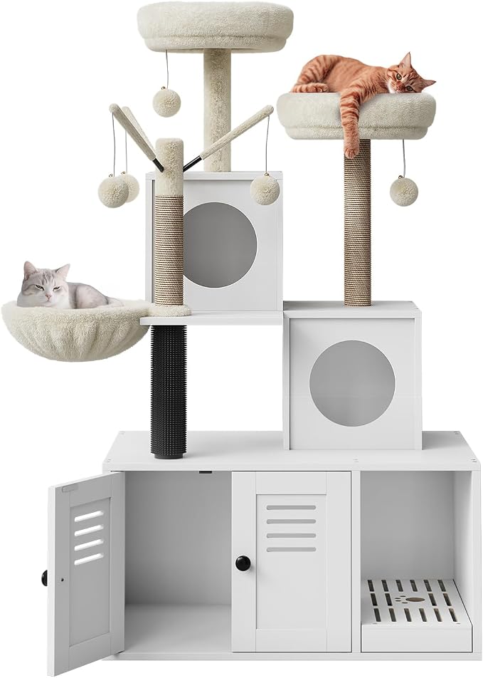 Litter Box Enclosure with Cat Tree Tower and Condo Brush Post and Passage Hidden Cat Washroom Furniture with Sisal Scratching Post & Soft Plush Perch Wooden Cat Furniture with Multiple Platforms