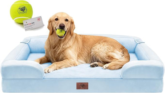 Orthopedic Memory Foam Dog Bed, 42x30, Waterproof for Large Dogs | Removable, washable cover • Waterproof memory foam liner • Bolstered couch design for joint relief • Includes tennis ball toy