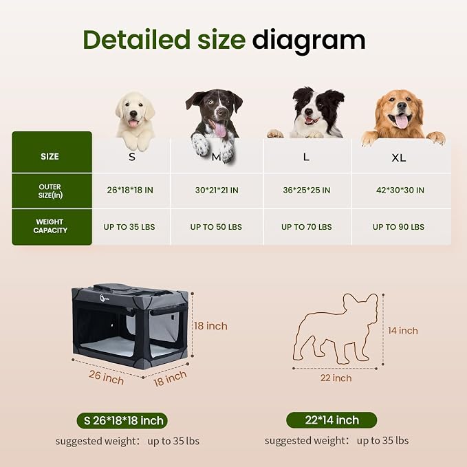 Portable Collapsible Dog Crate for Small Dogs, 4 Mesh Doors & 2 Storage Bags, Indoor Outdoor Travel Dog Kennel, BlackGrey, 26" x 18" x 18"